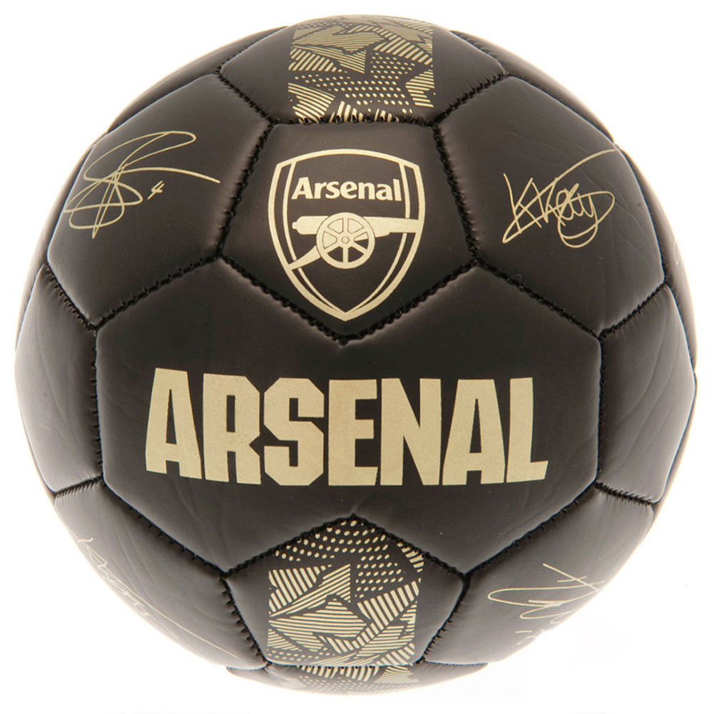 Arsenal FC matte black football with a gold printed Arsenal crest and official player signature prints