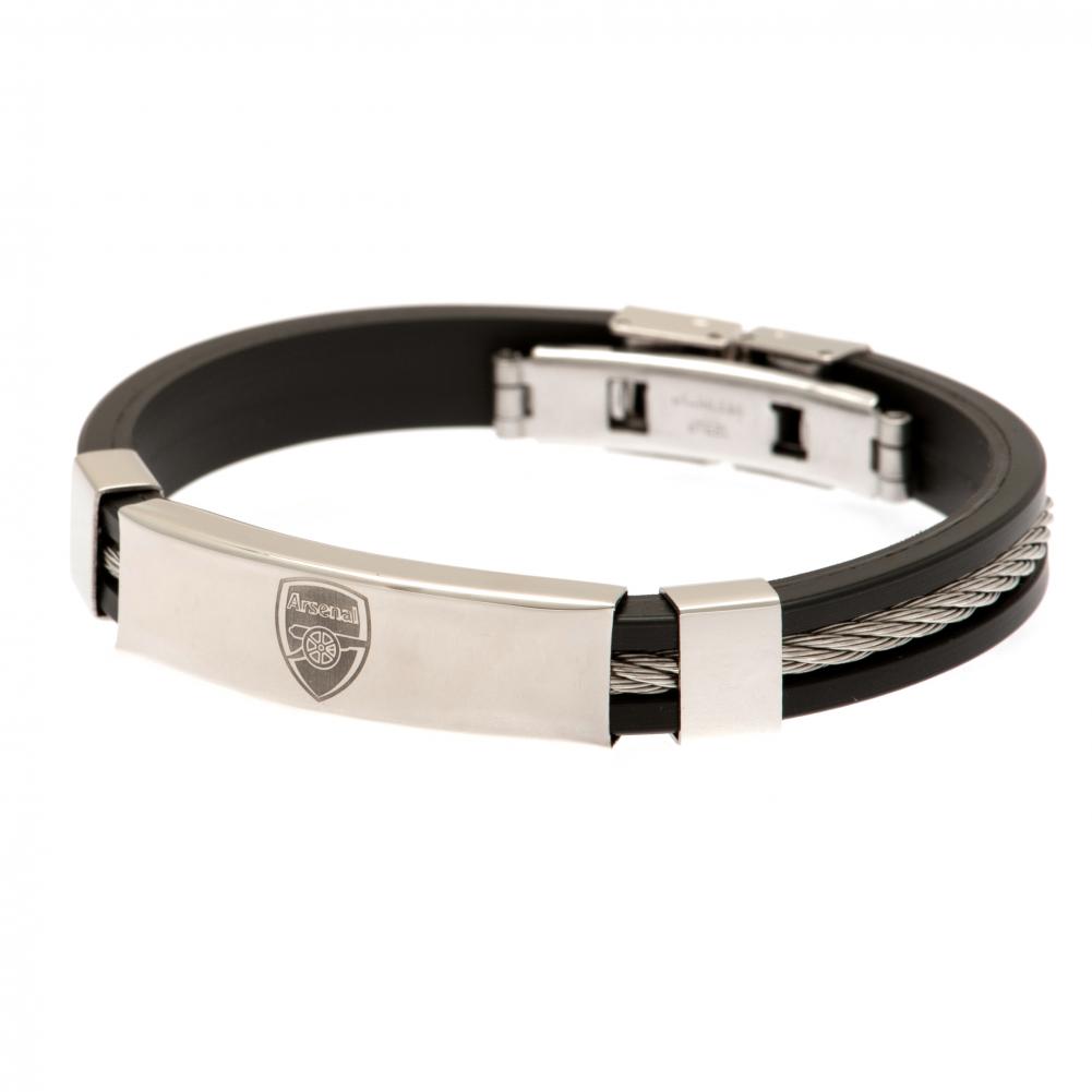 Arsenal FC black silicone bracelet with a silver colour rope insert and a stainless steel crest plate