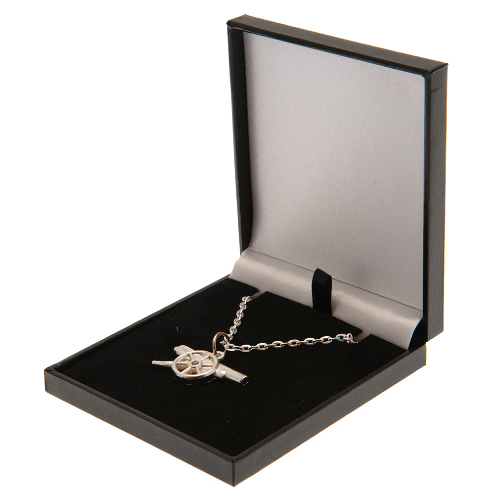 Arsenal FC silver plated cannon pendant on a chain necklace with a lobster clasp, presented in a gift box