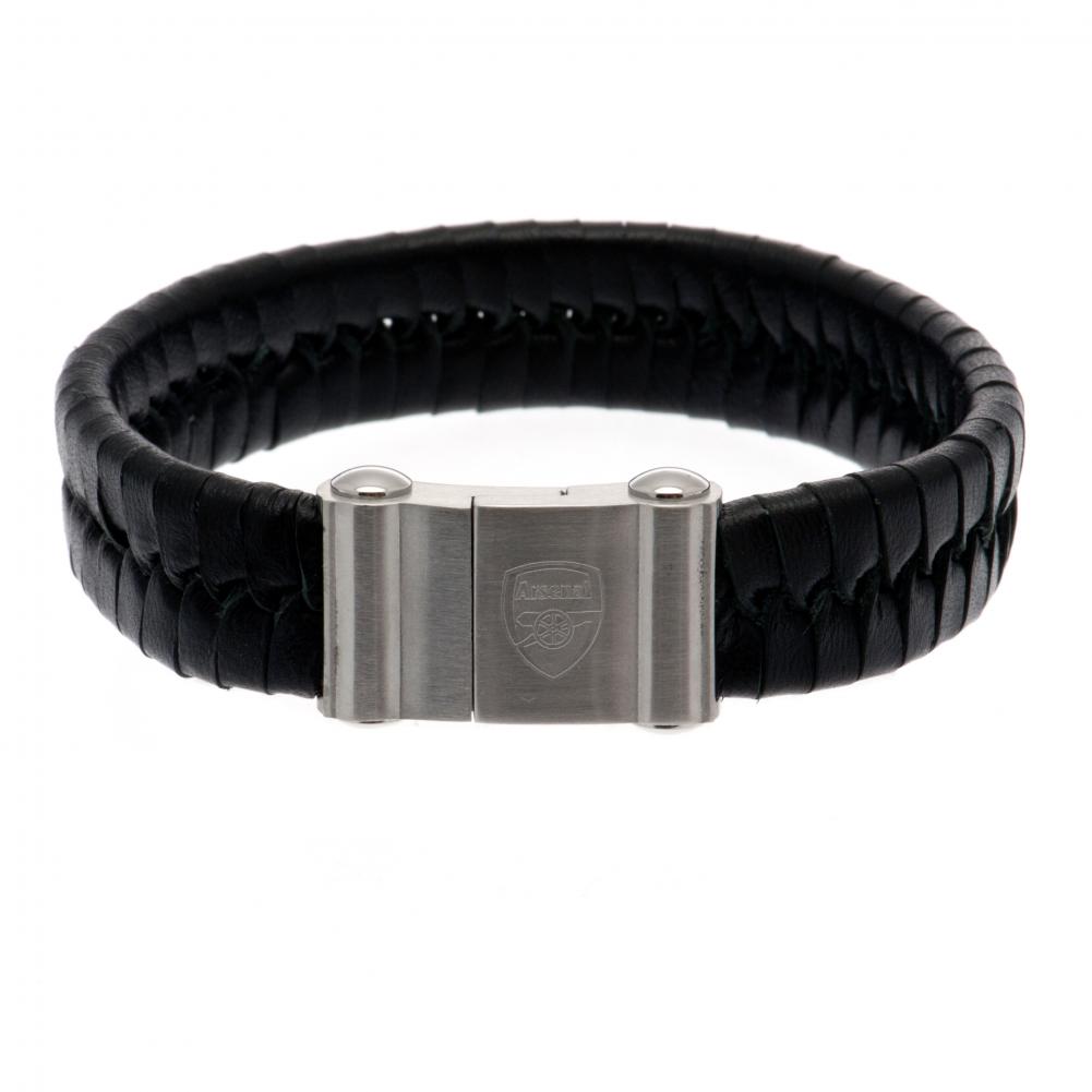 Arsenal FC single plait black leather bracelet with a stainless steel magnetic clasp and engraved crest