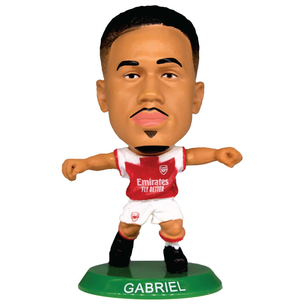 Gabriel SoccerStarz figure in the classic Arsenal home kit on a green base