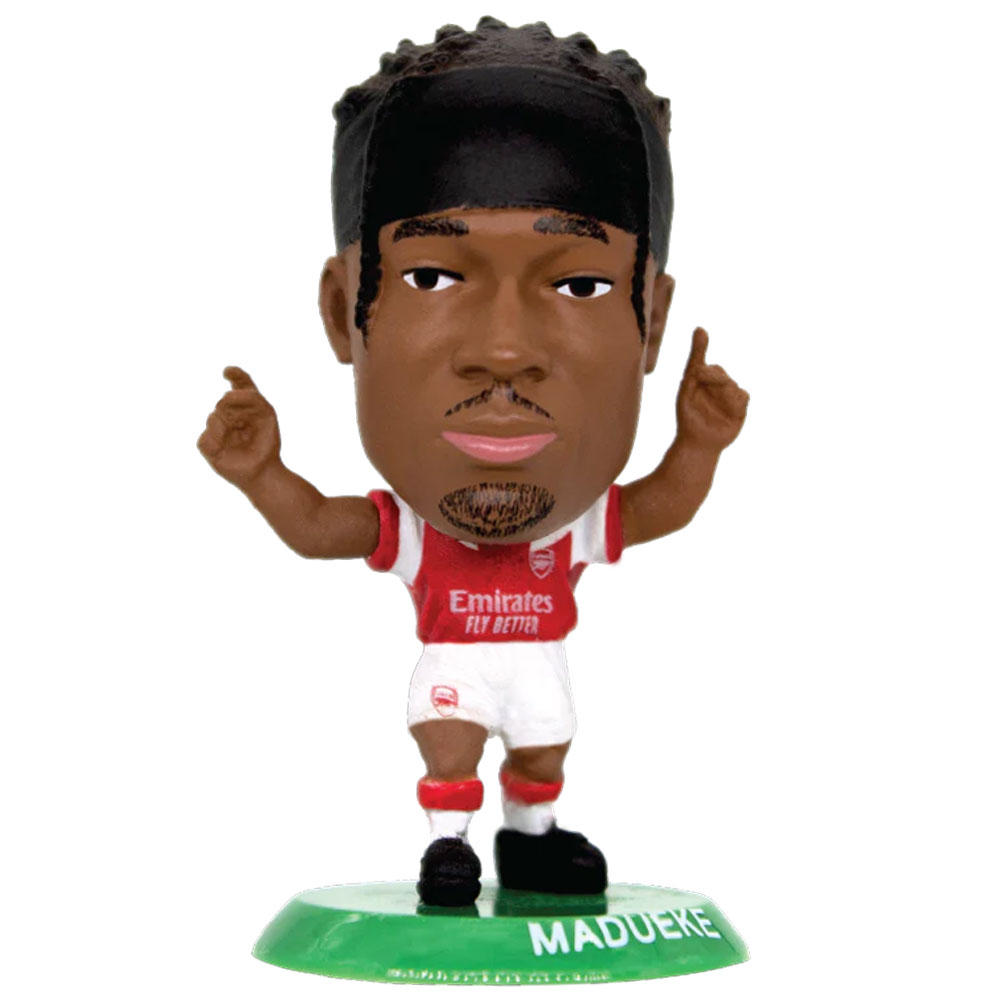 Madueke SoccerStarz figure in the classic Arsenal home kit on a green base