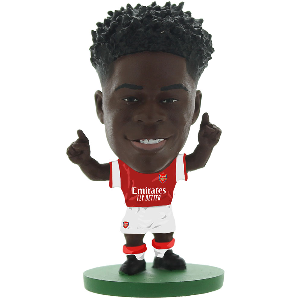 Arsenal FC SoccerStarz Bukayo Saka collectable figure in the classic home kit on a green base