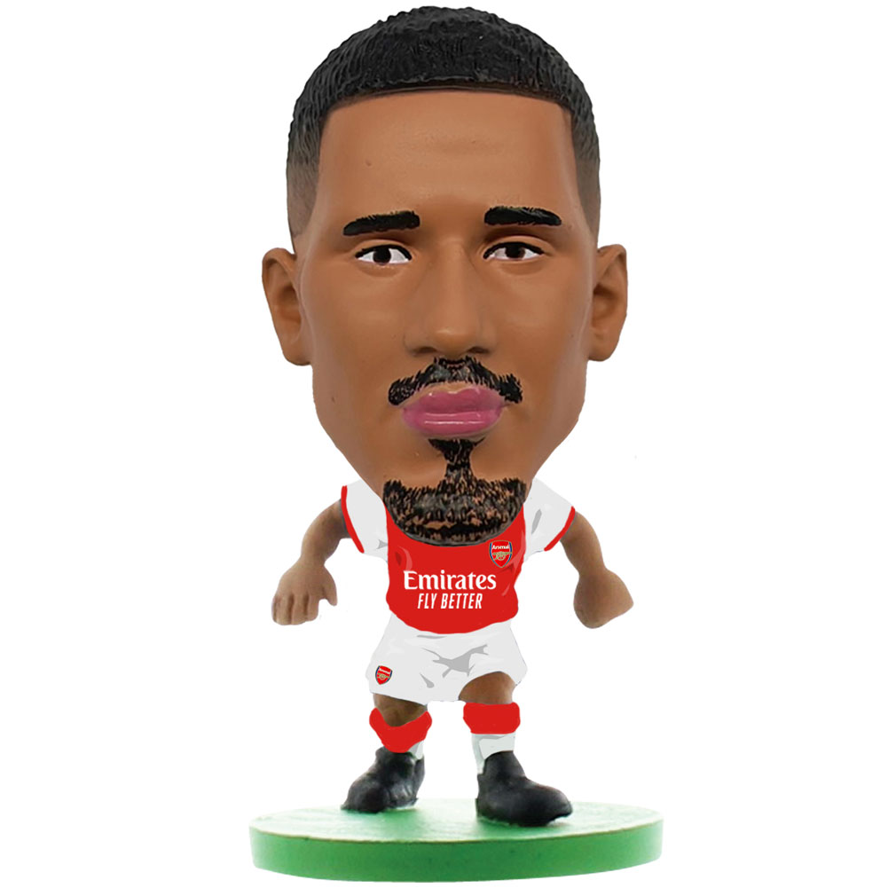 Arsenal FC SoccerStarz William Saliba collectable figure in the classic home kit on a green base