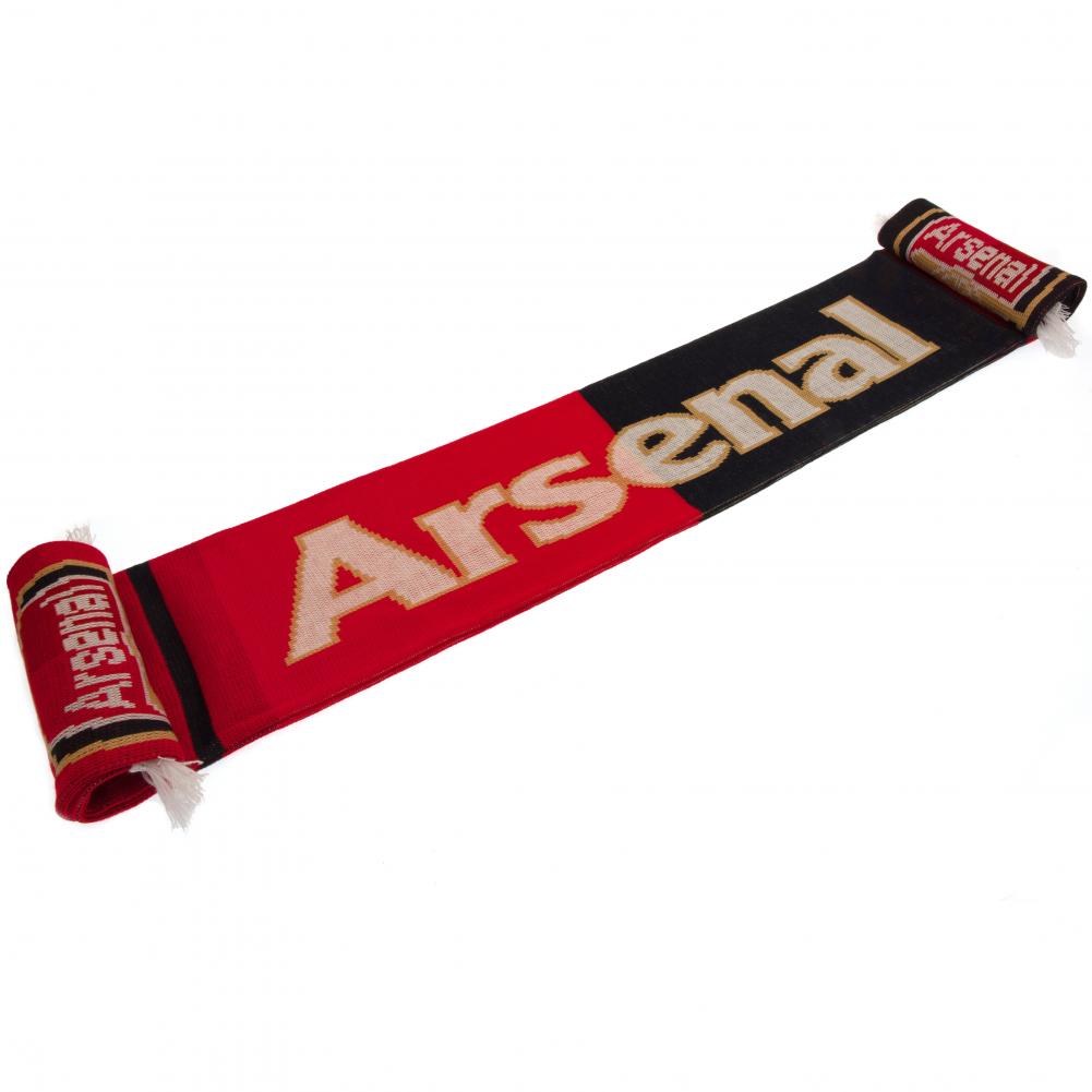 Arsenal FC navy blue and red split jacquard knit scarf with white and gold Arsenal text and large crest