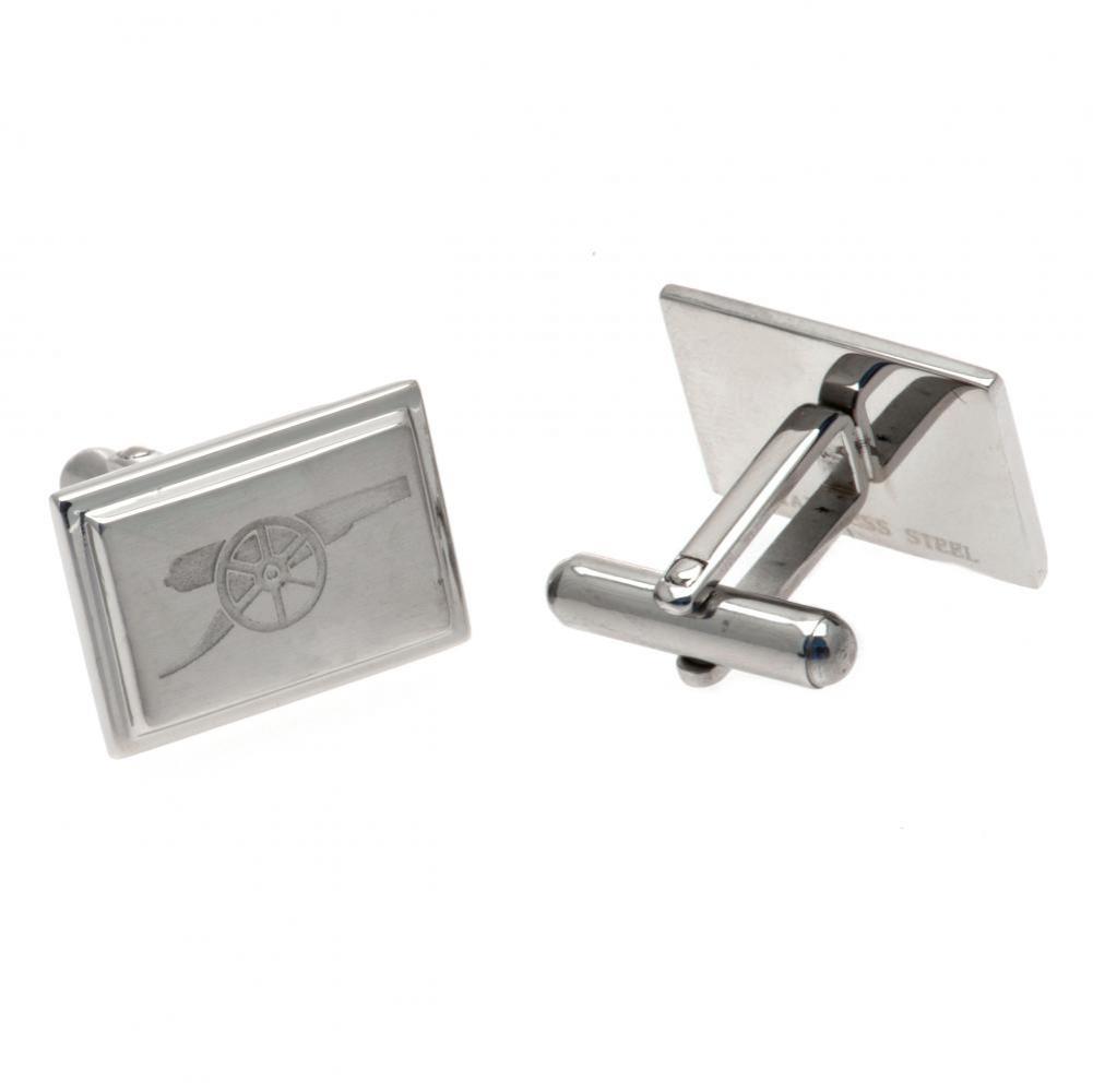 Pair of Arsenal FC stainless steel brushed satin rectangular cufflinks engraved with the Arsenal cannon