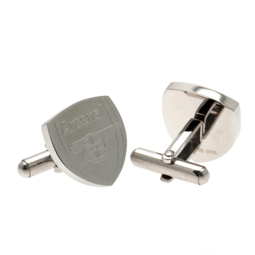 Pair of Arsenal FC stainless steel chrome crest shaped cufflinks with a formed Arsenal crest