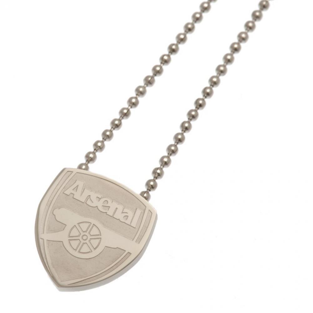 Arsenal FC stainless steel crest shaped pendant with chrome finish and engraved detail on a ball chain