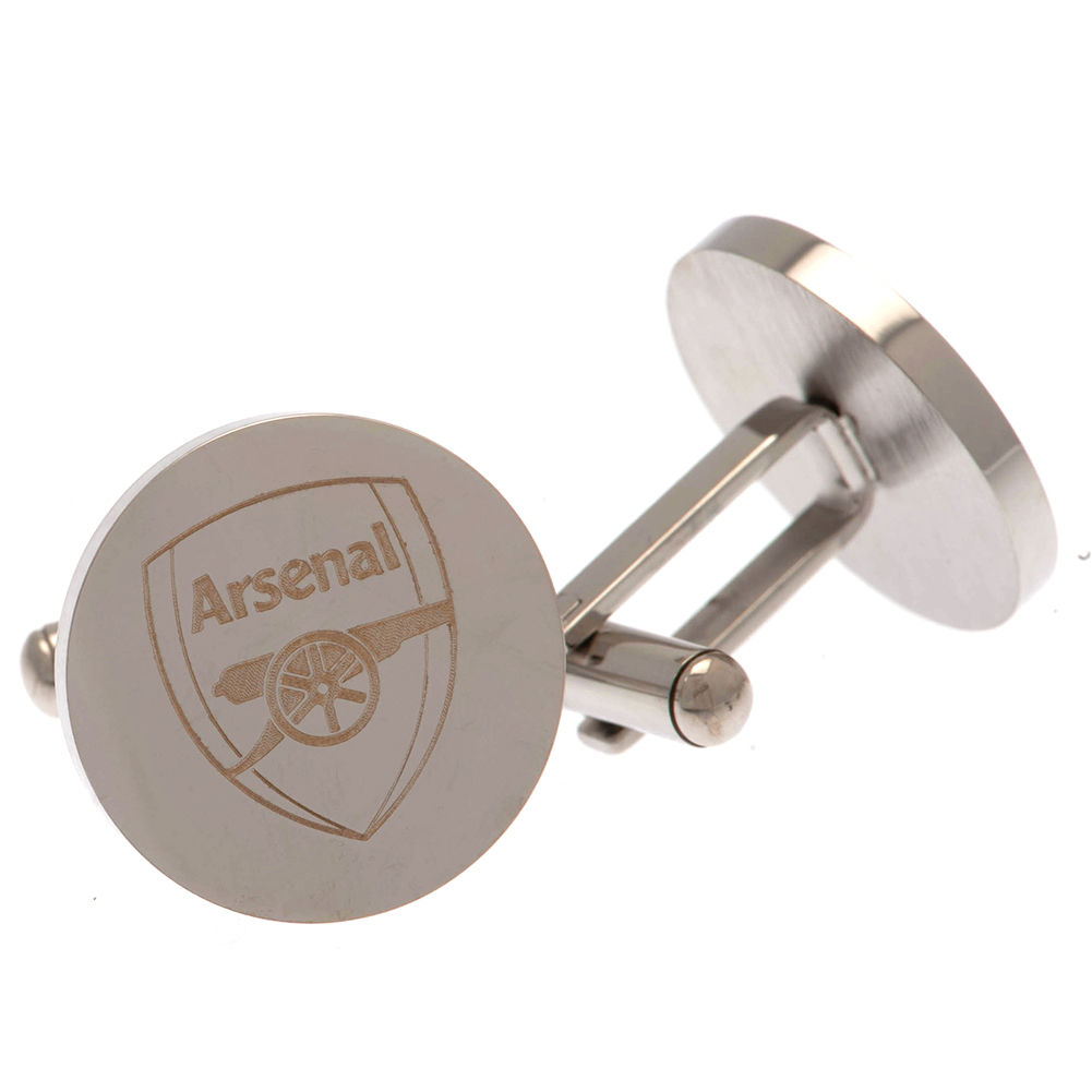 Arsenal FC round stainless steel cufflinks engraved with the club crest in a chrome finish