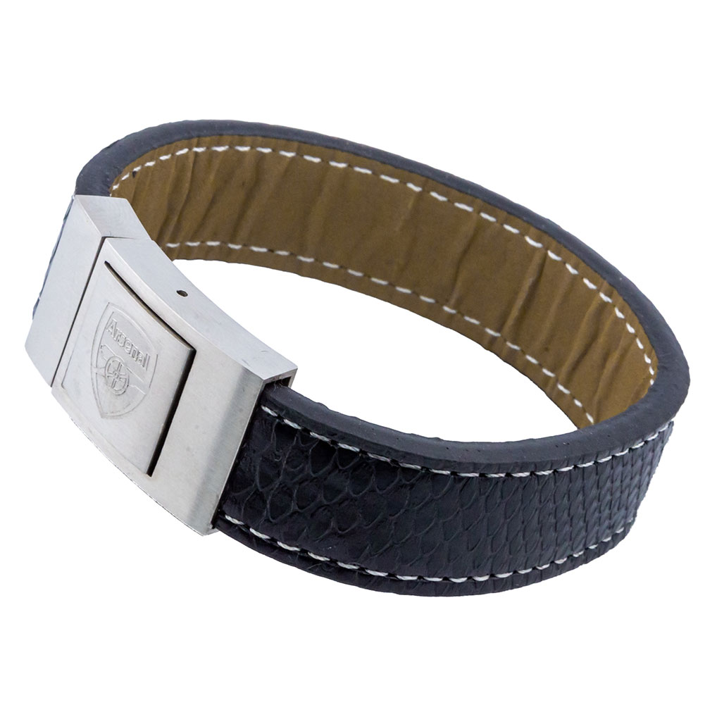 Arsenal FC black stitched leather bracelet with a crocodile print and a rectangular engraved crest clasp