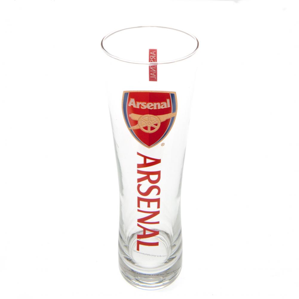 Arsenal FC tall slim pilsner style pint glass with red Arsenal text and a full colour club crest