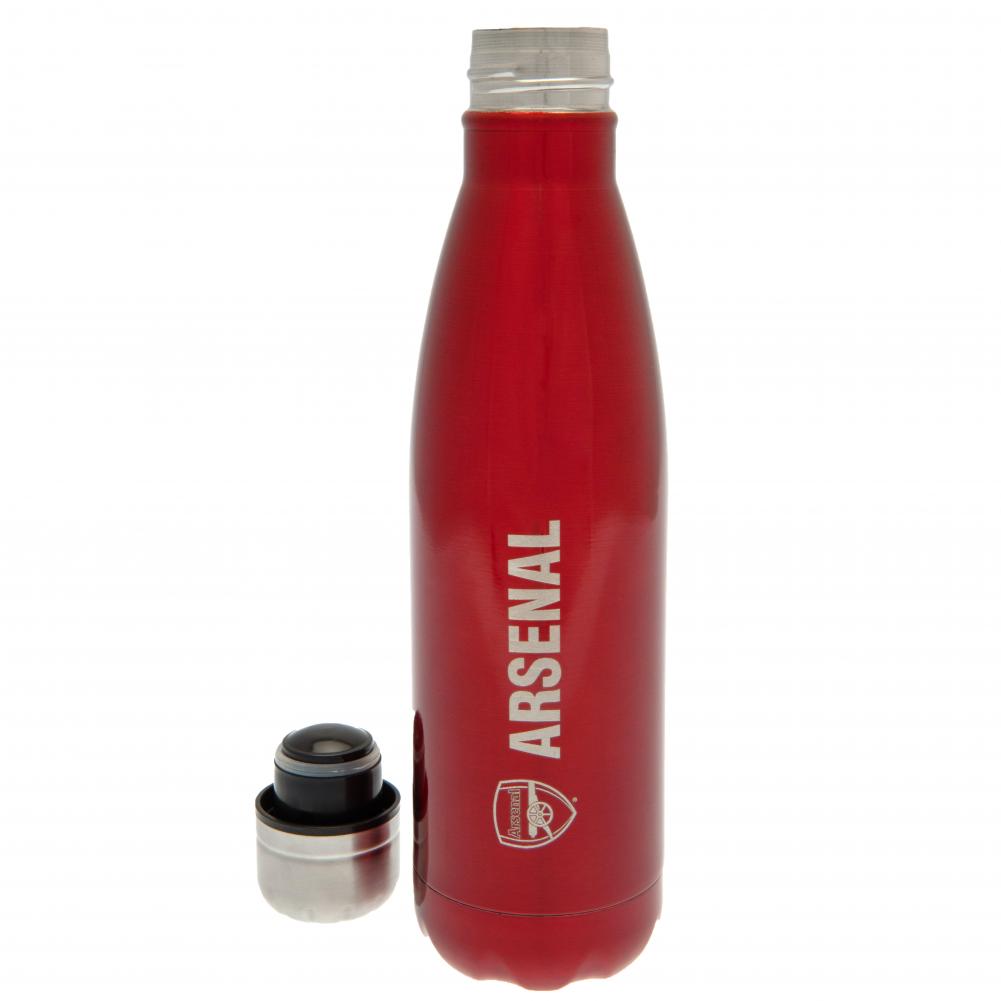 Red metallic finish Arsenal FC stainless steel thermal flask with a silver crest and Arsenal text