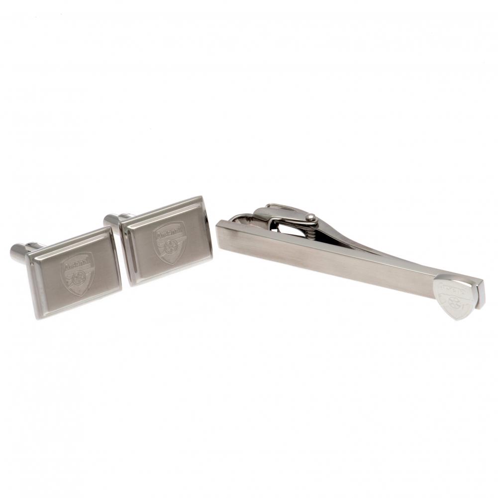 Arsenal FC stainless steel tie slide and satin finish cufflinks set with the club crest