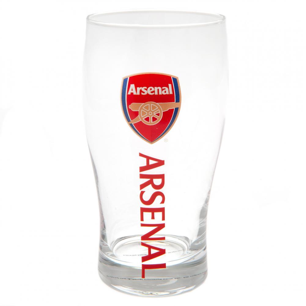 Arsenal FC tulip style pint glass with red Arsenal text and a full colour club crest