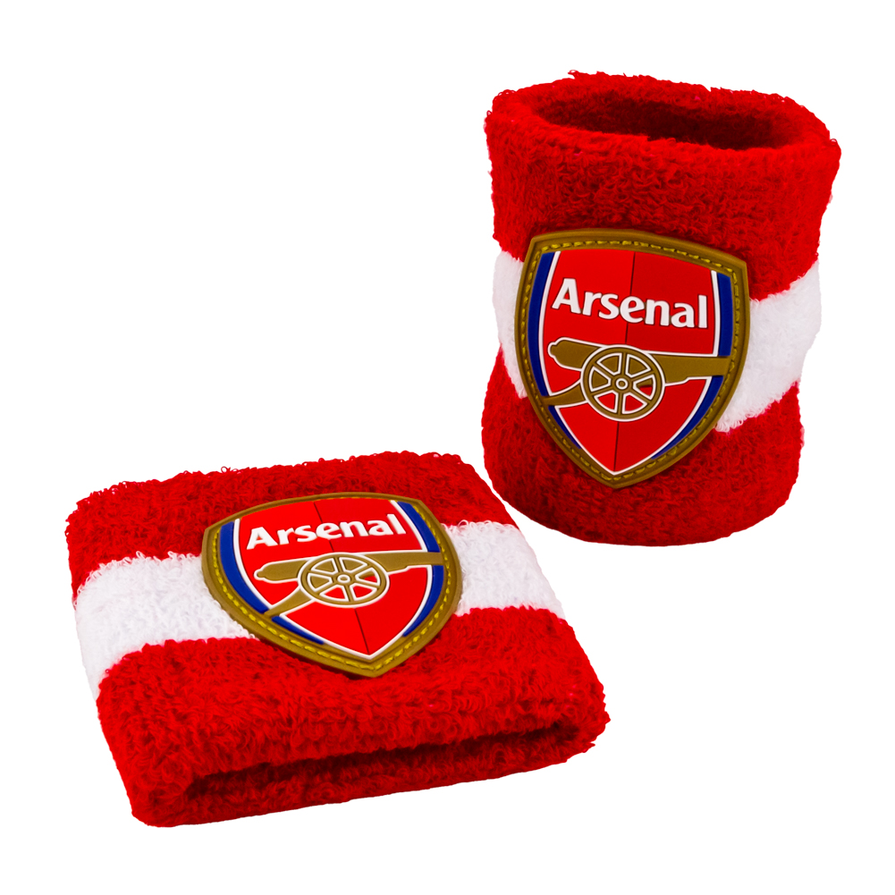 Pair of red and white Arsenal FC cotton wristbands featuring the Arsenal crest