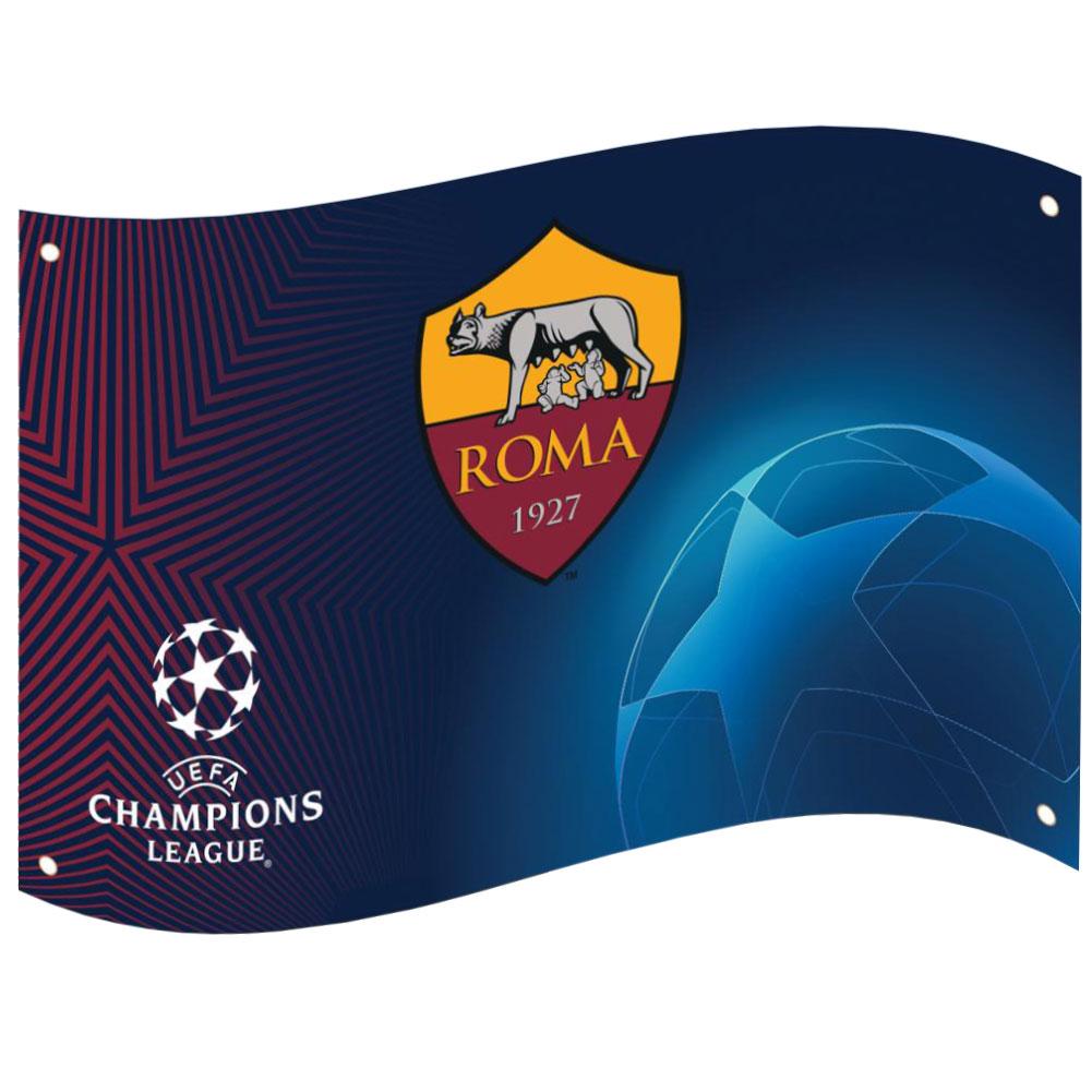 AS Roma supporters flag with the Roma design and the UEFA Champions League logo
