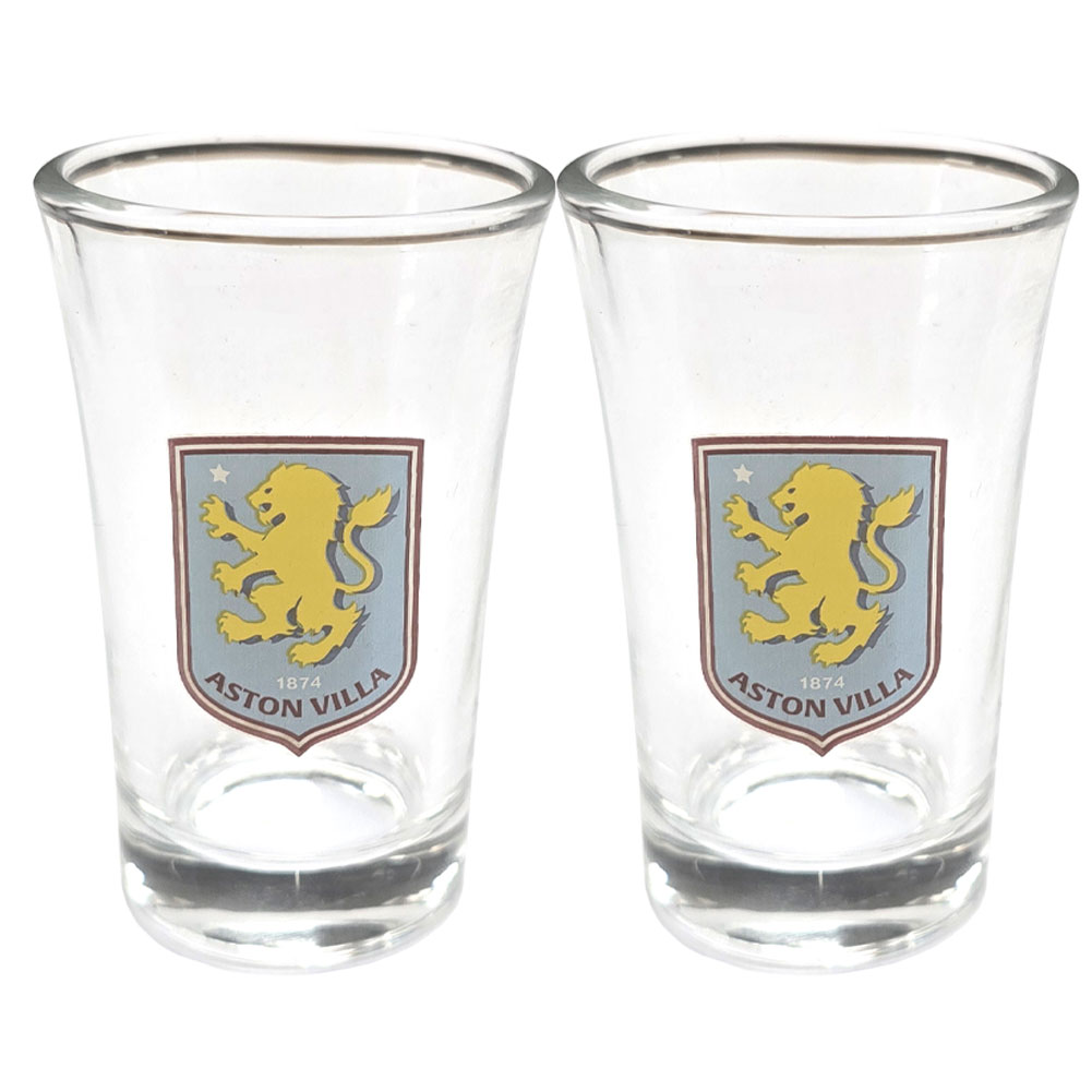 Pair of Aston Villa FC shot glasses with a full colour Villa club crest