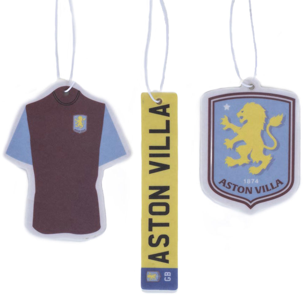 Aston Villa FC three pack of air fresheners with crest, home kit and number plate designs