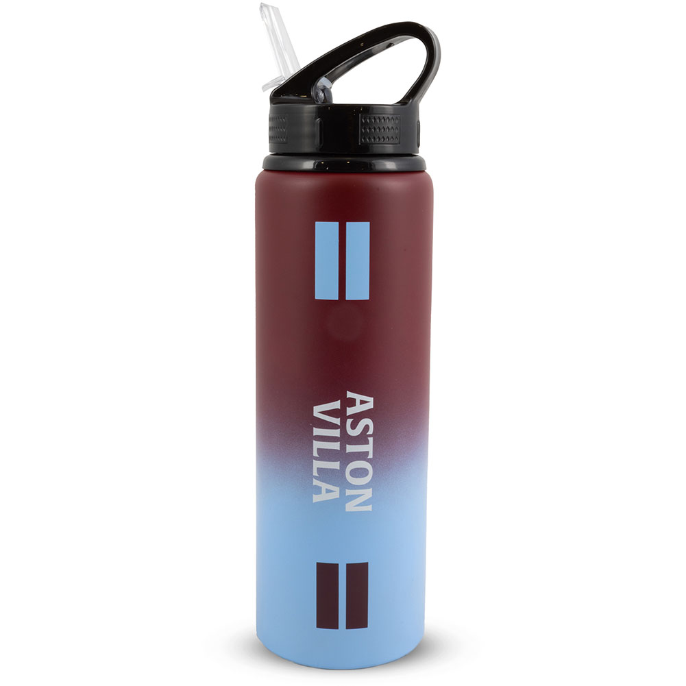 Aston Villa FC 750ml aluminium drinks bottle with a vibrant stripe design and the Villa crest and text in white