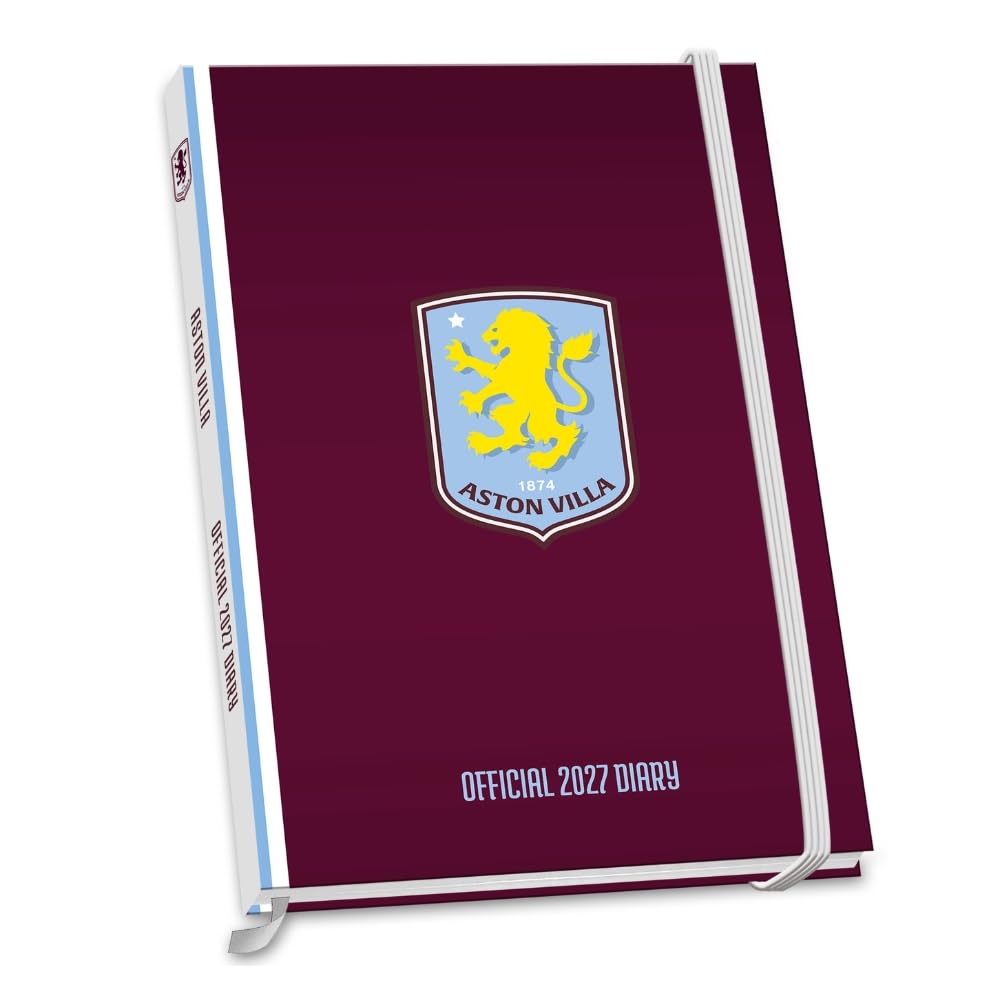 Aston Villa FC claret hardback A5 2027 diary with a full colour Villa crest and an elastic closure