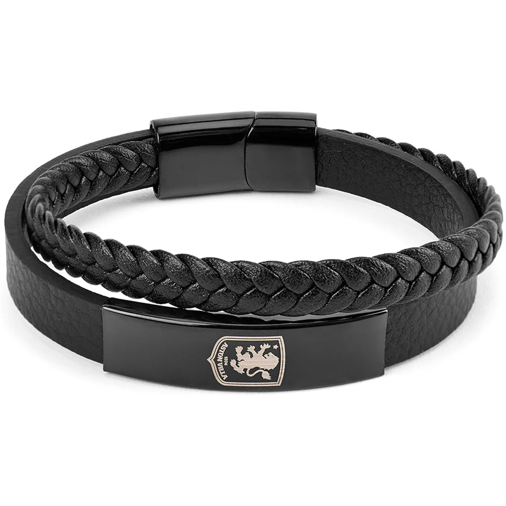 Aston Villa FC twin genuine leather bracelet with a black IP crest plate engraved with the Villa logo