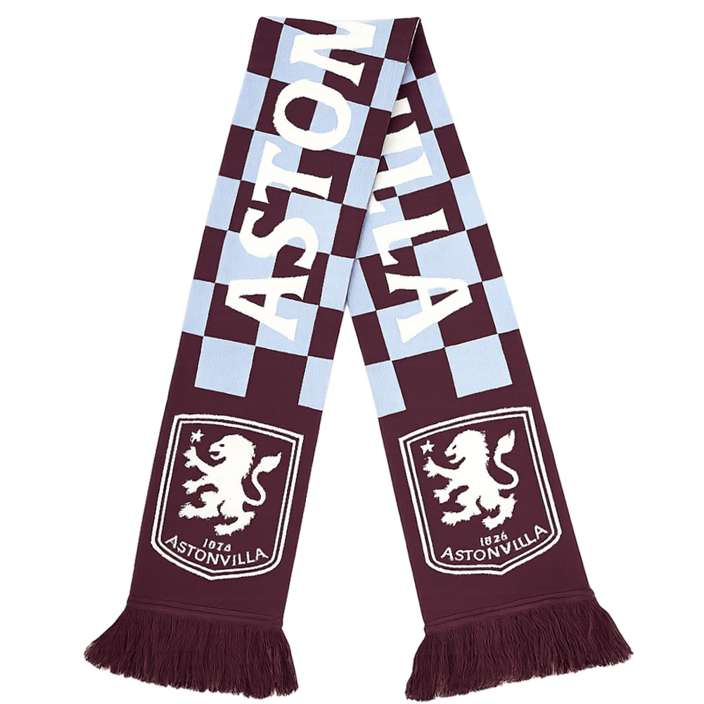 Aston Villa FC claret and sky blue checked jacquard knit scarf with white Aston Villa text and large crest