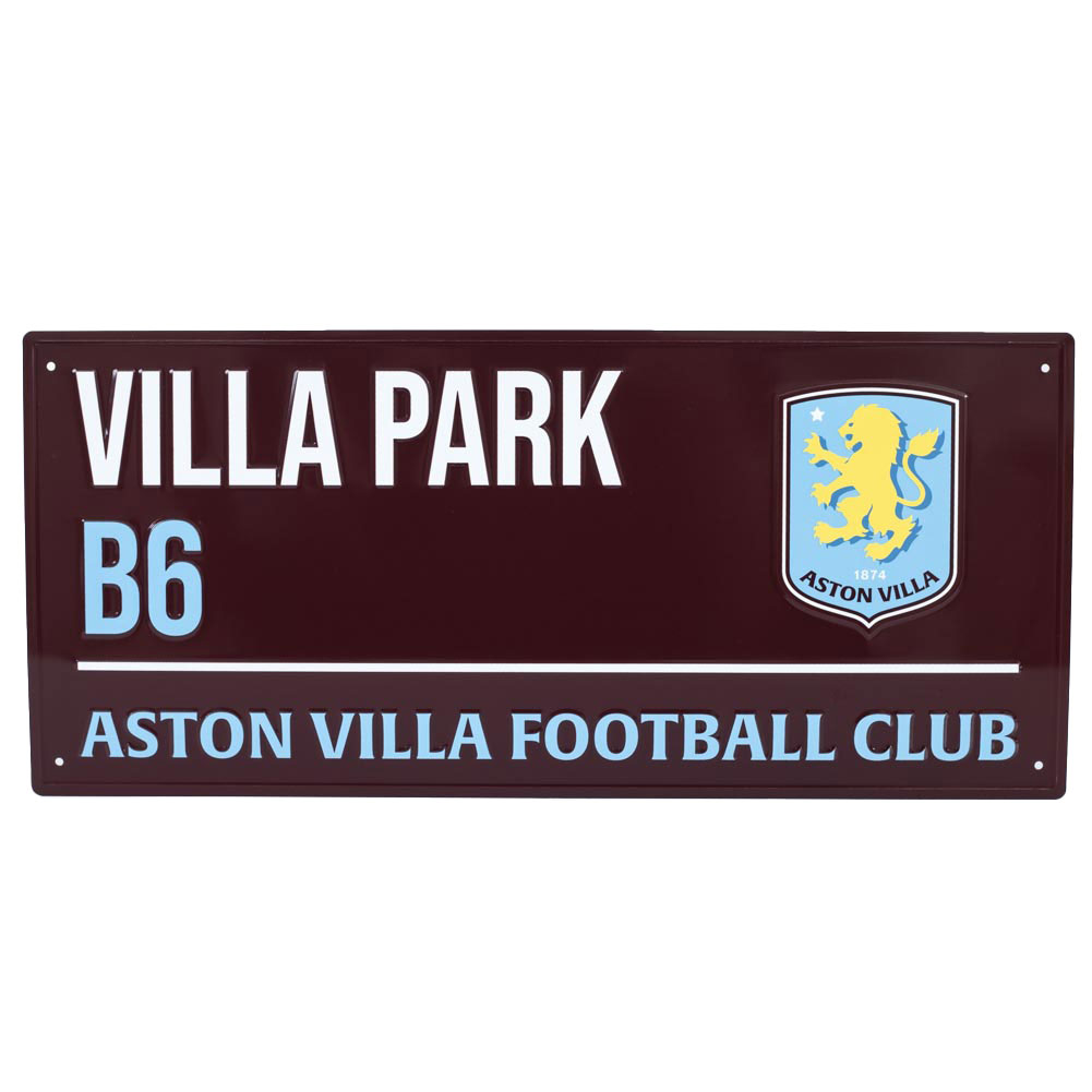 Aston Villa FC gloss finish metal wall sign styled as a Villa Park street sign on a claret background