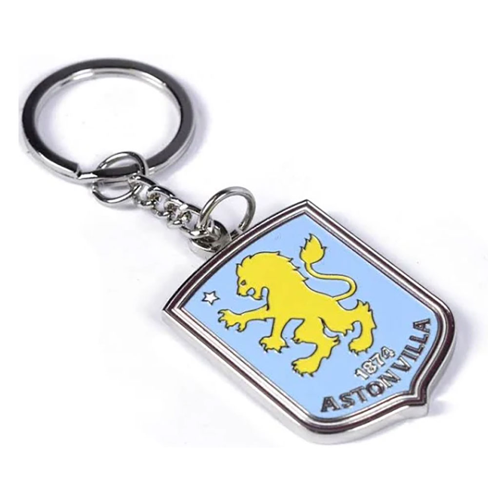 Aston Villa FC crest shaped metal keyring with full colour enamel infill and a silver style finish