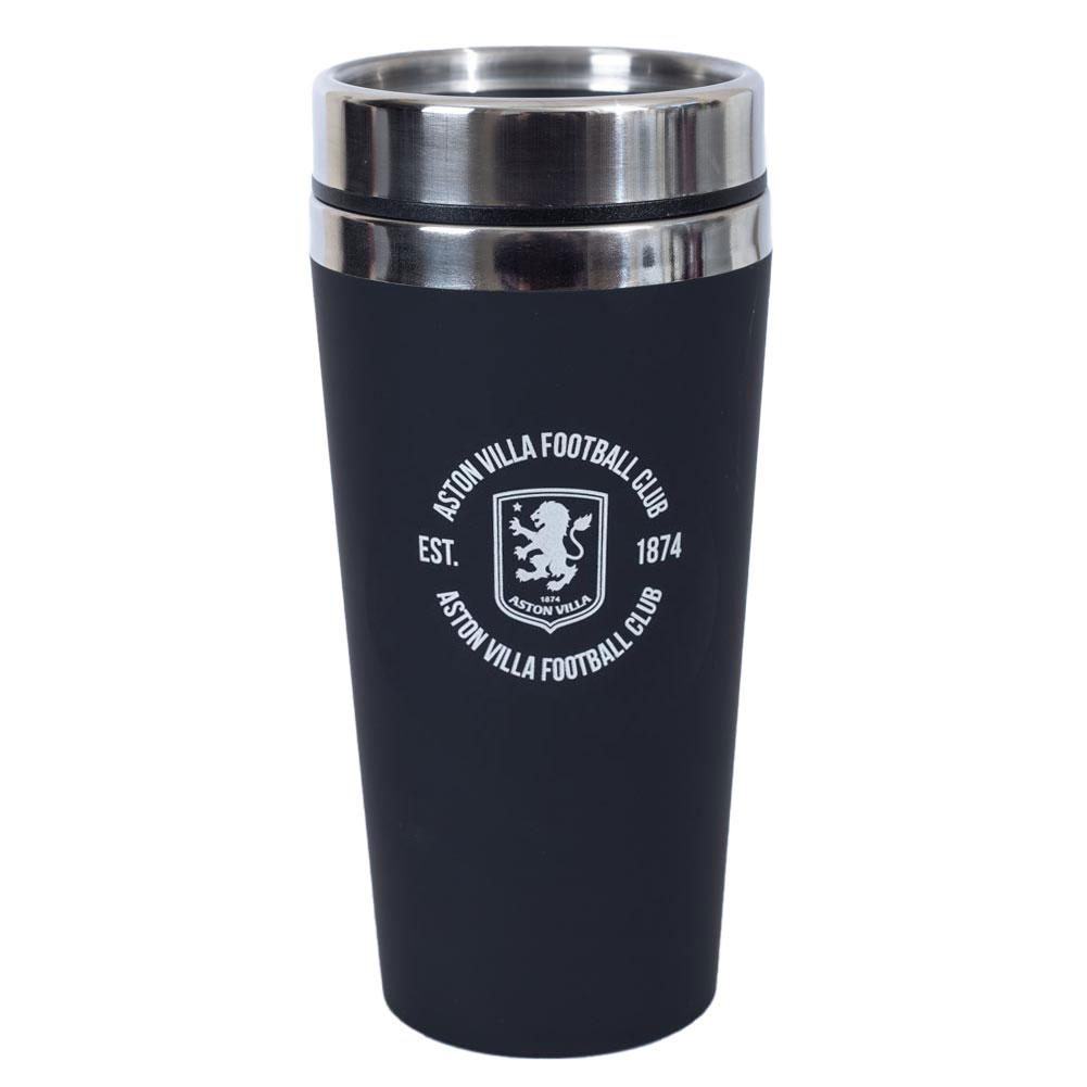 Matt black Aston Villa stainless steel travel mug with a silver rim screw top lid
