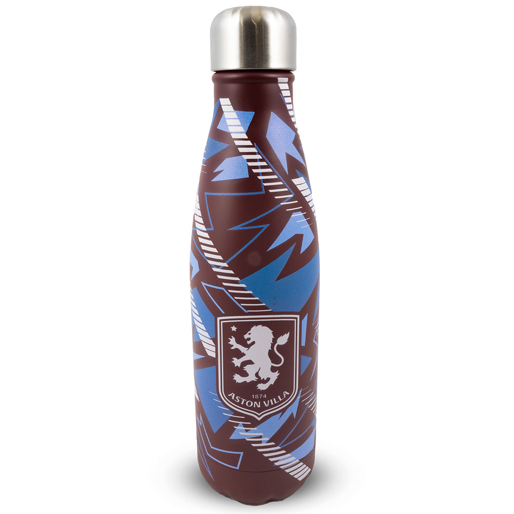 Claret Aston Villa FC thermal flask with a blue and white fragment pattern and the Villa crest