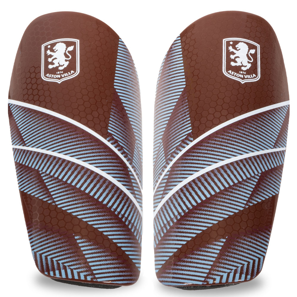Aston Villa FC Fuse youth slip-in shin guards with a white Villa crest