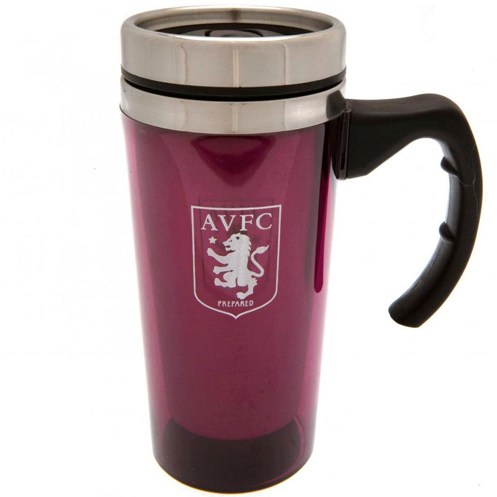 Claret translucent Aston Villa stainless steel travel mug with a printed crest and ergonomic handle