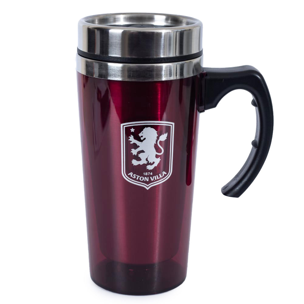 Claret translucent Aston Villa stainless steel travel mug with a printed crest and ergonomic handle