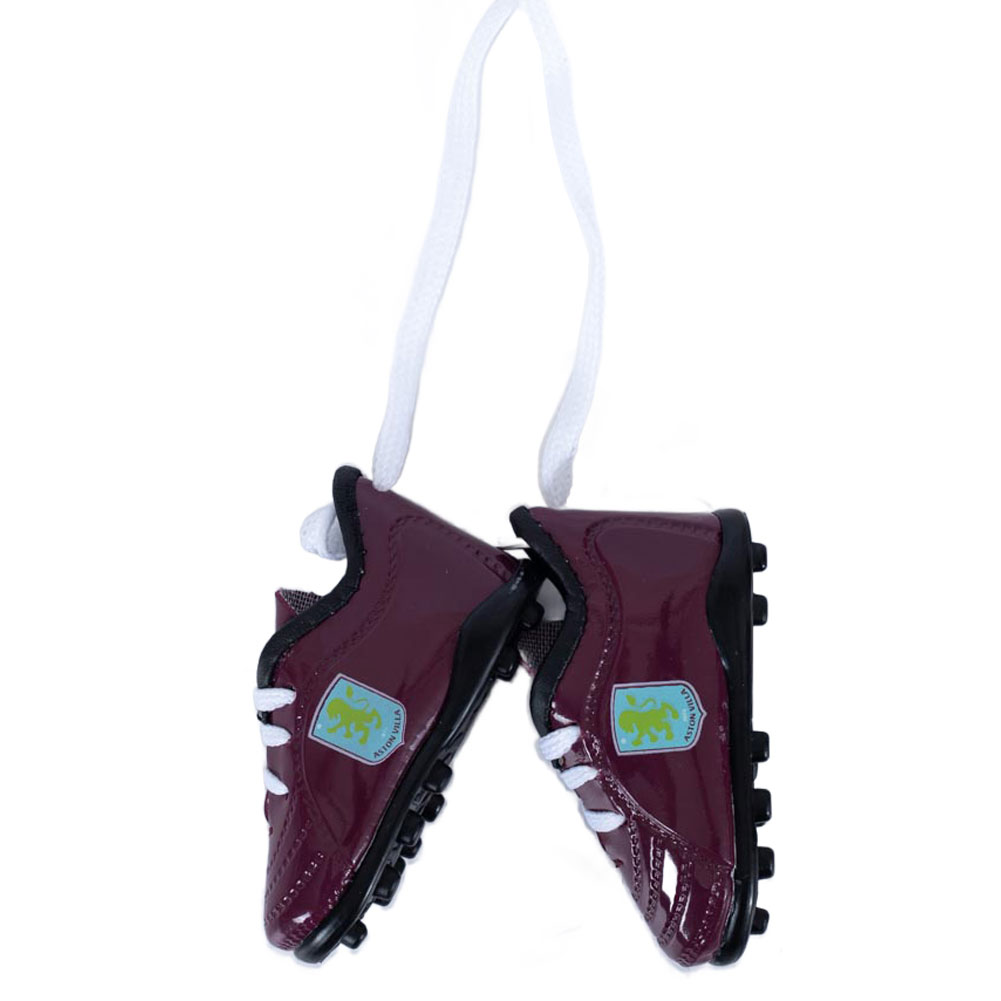 Pair of claret Aston Villa mini football boots with laces and a printed Villa crest on each side