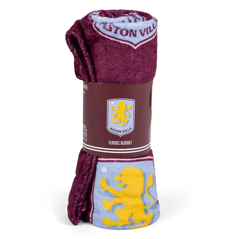 Aston Villa FC vibrant claret fleece blanket with a multi crest design featuring several Villa crests