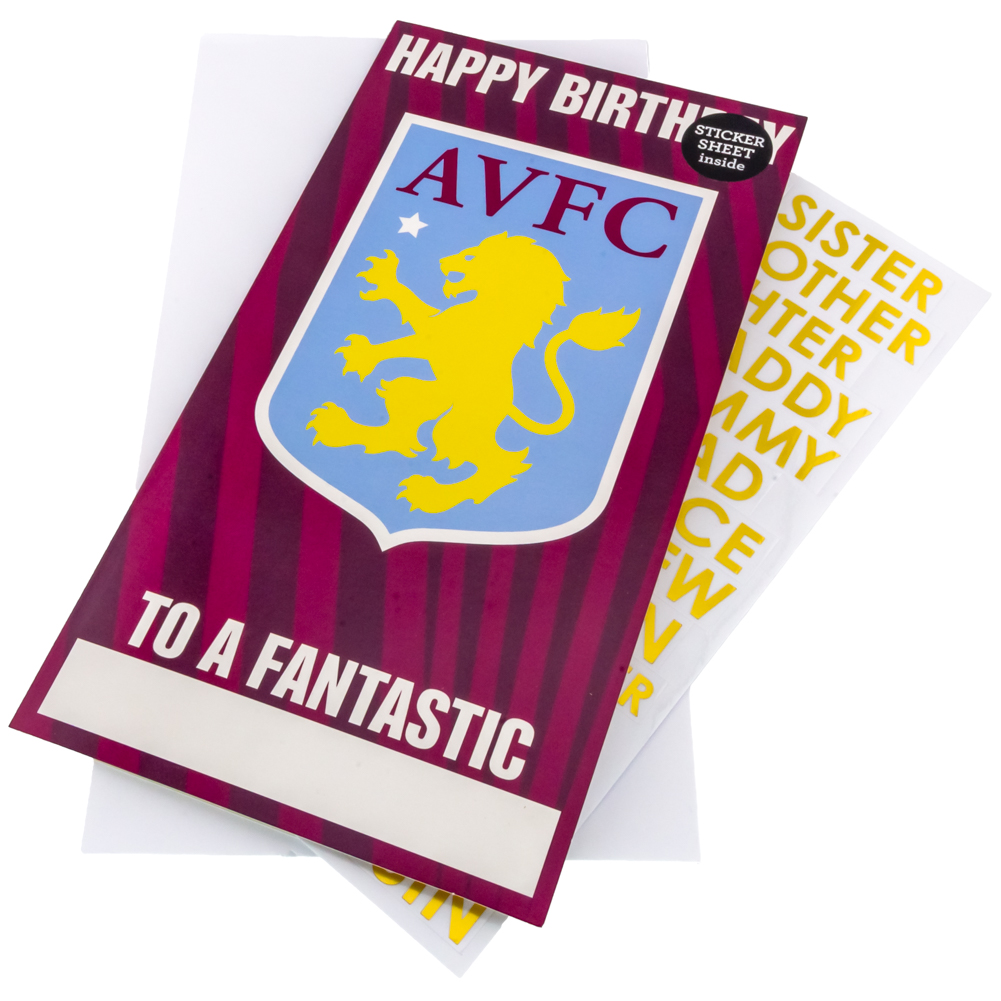 Aston Villa FC claret and blue gloss birthday card with a large Aston Villa crest and relation stickers