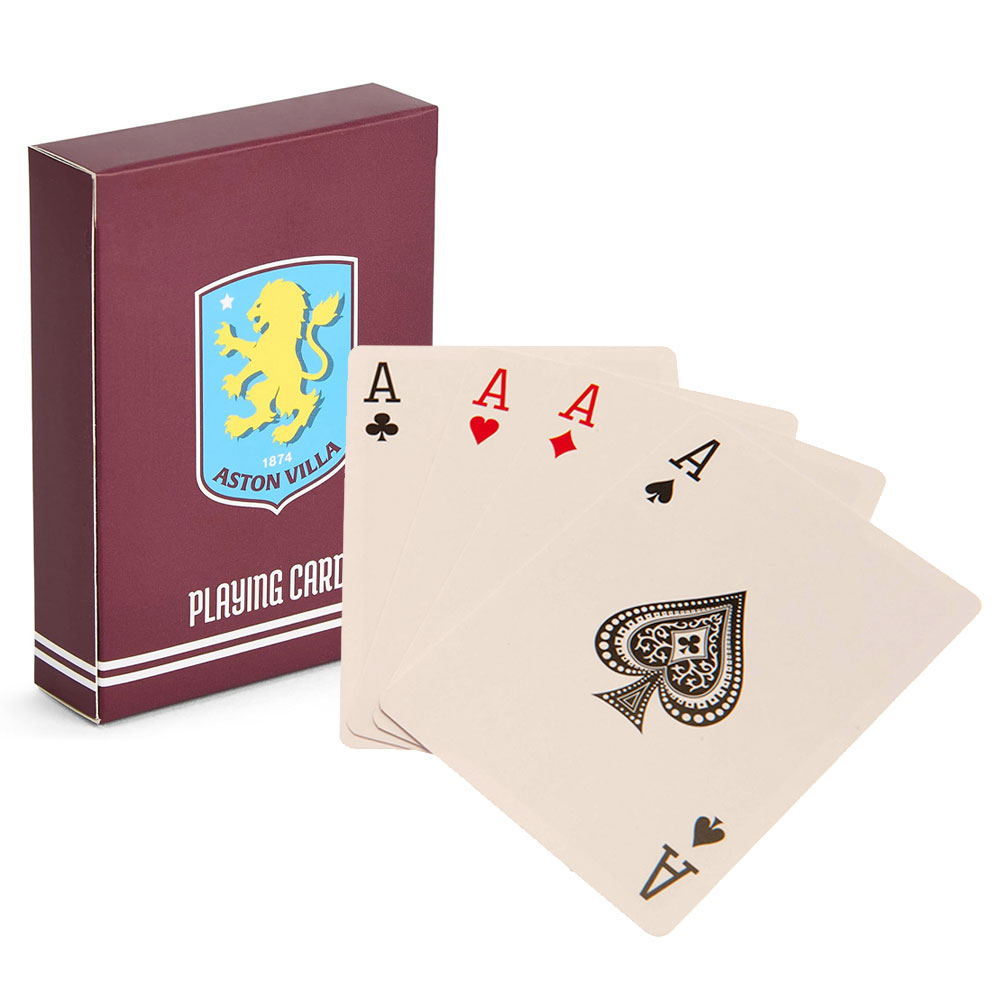 Aston Villa FC linen playing cards in a printed card packet, each card adorned with the Villa crest