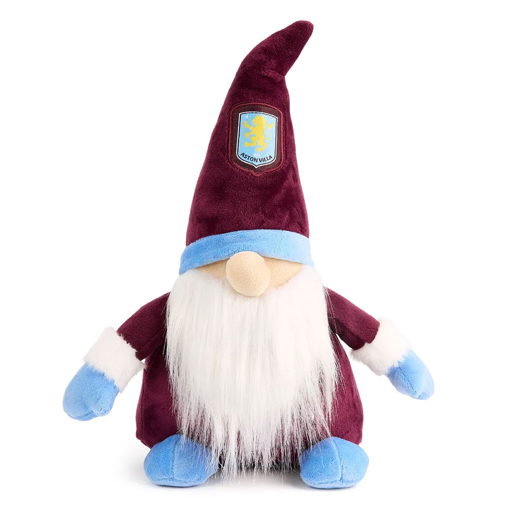 Aston Villa FC claret and blue plush Gonk with a large beard, a round nose and a Villa crest on its hat