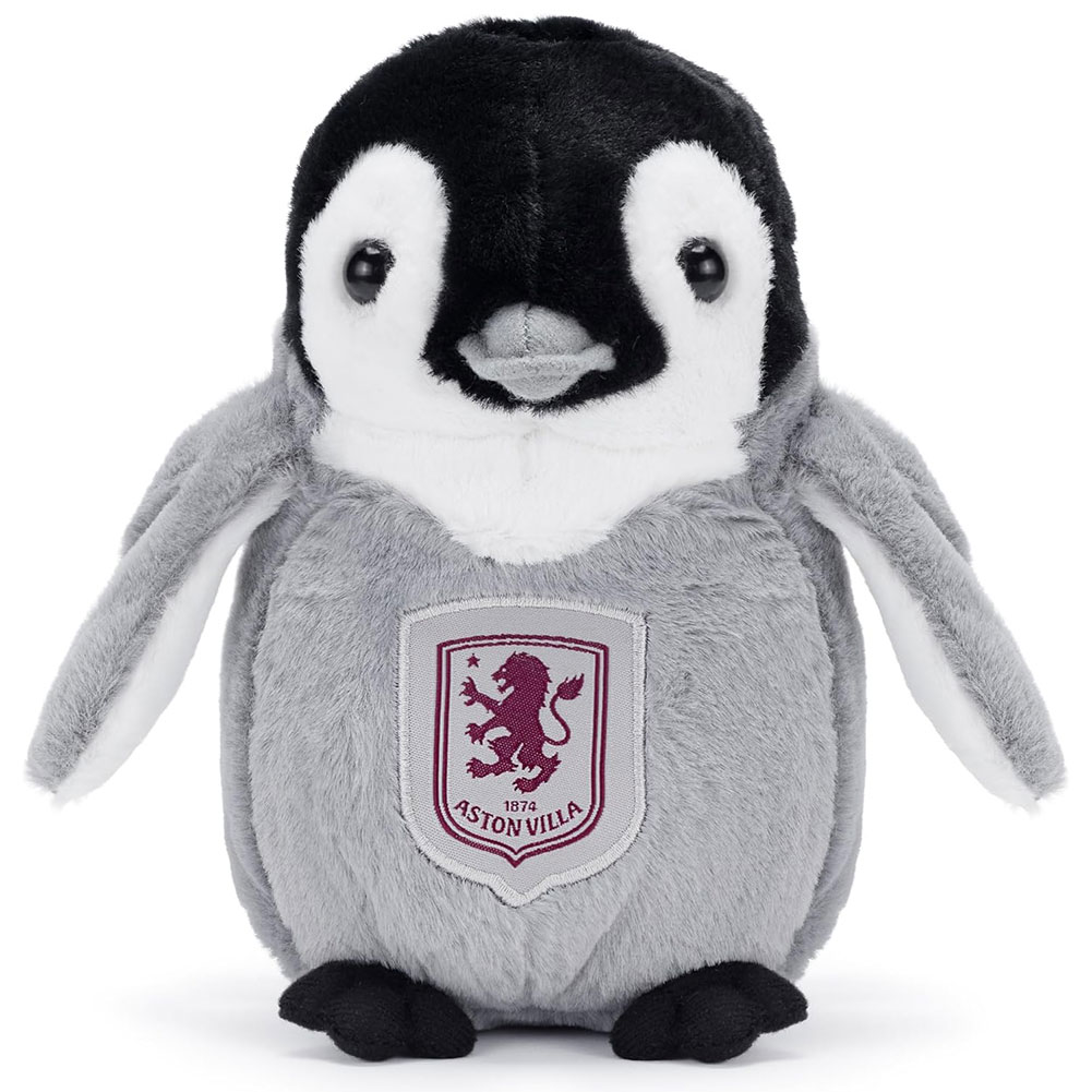 Aston Villa FC freestanding plush penguin with a Villa crest on the front
