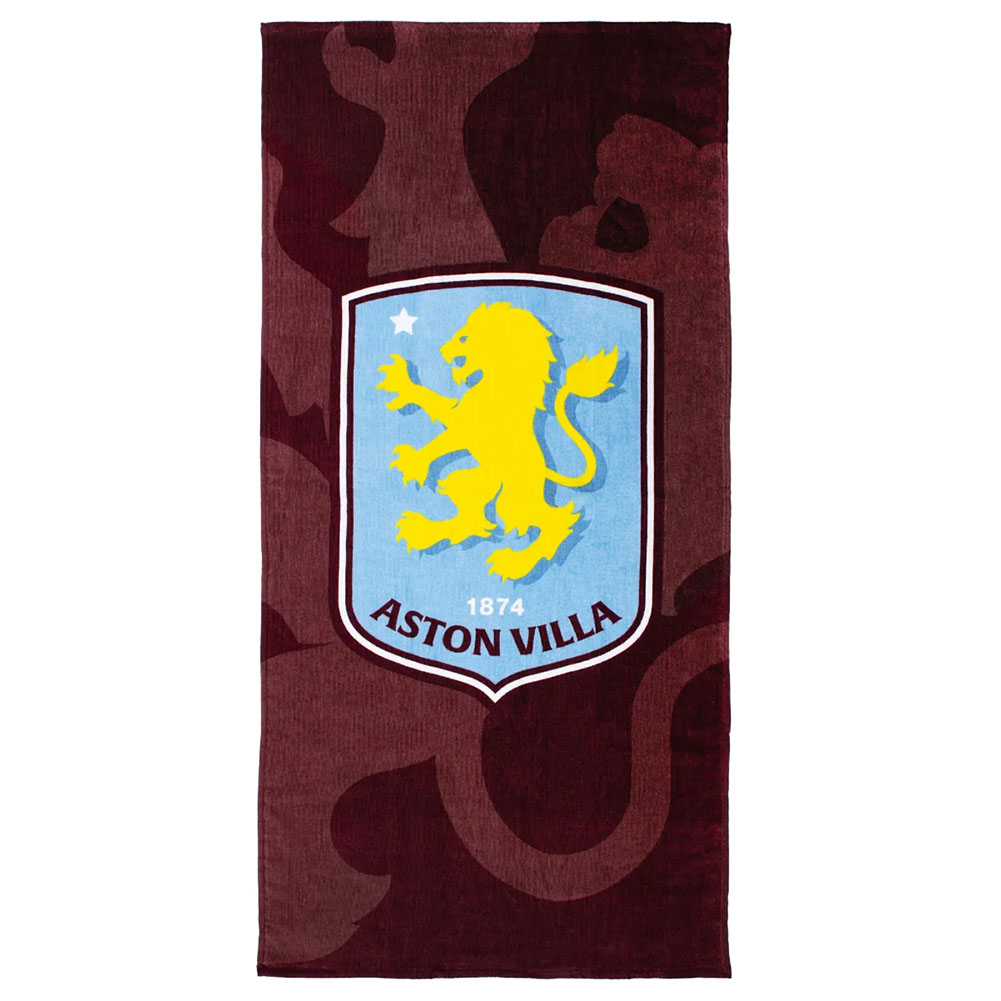 Claret and blue Aston Villa FC Shadow Crest cotton velour beach towel with a large central crest