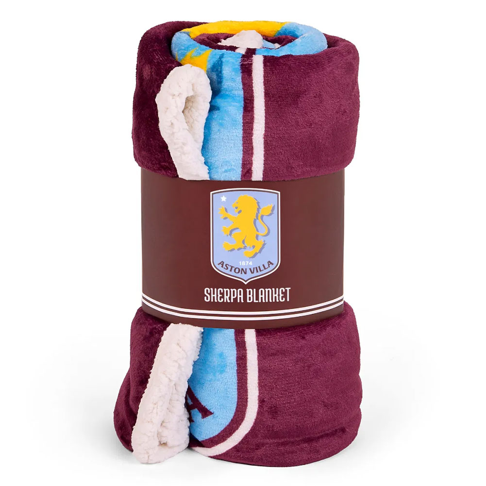 Aston Villa FC claret blanket featuring the Villa crest with a white sherpa fleece reverse
