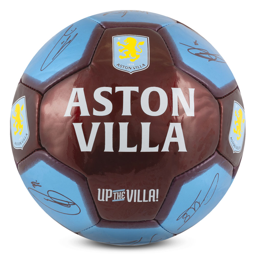 Aston Villa FC claret and blue football with the Villa crest, Up The Villa text and player signatures