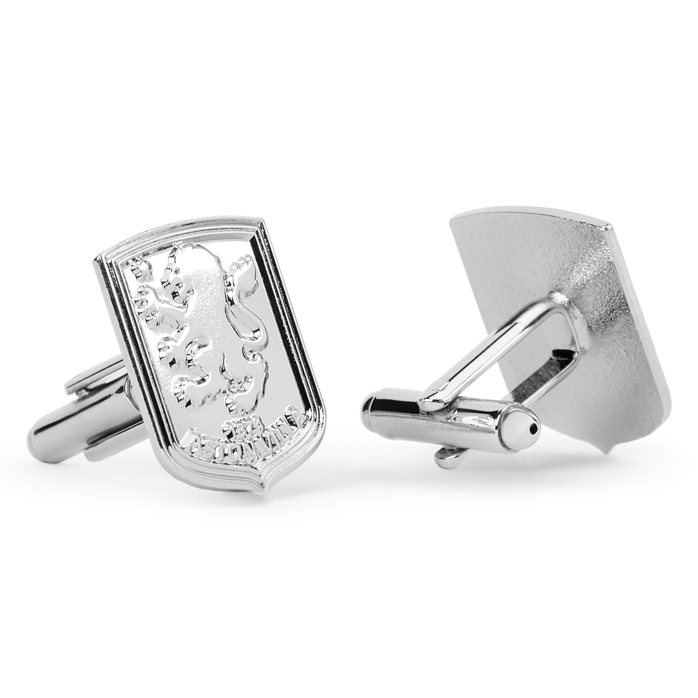 Pair of Aston Villa FC silver plated chrome crest shaped cufflinks with a formed Villa crest