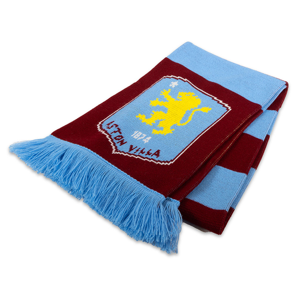 Aston Villa FC claret and sky blue jacquard knit stripe scarf with claret fringe, white text and crest
