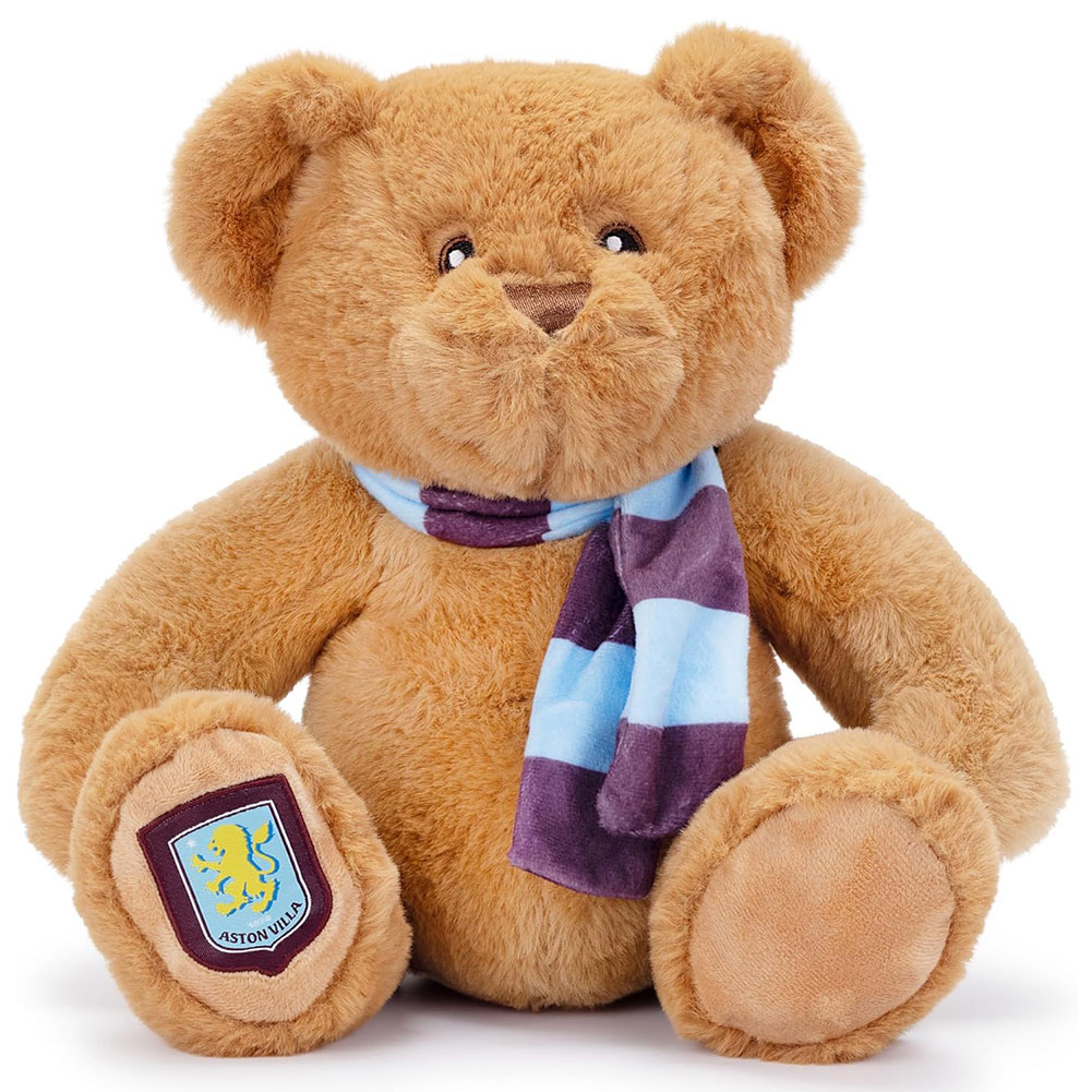 Aston Villa FC supersoft plush bear sitting with beaded eyes and a claret and blue scarf, crest on its paw