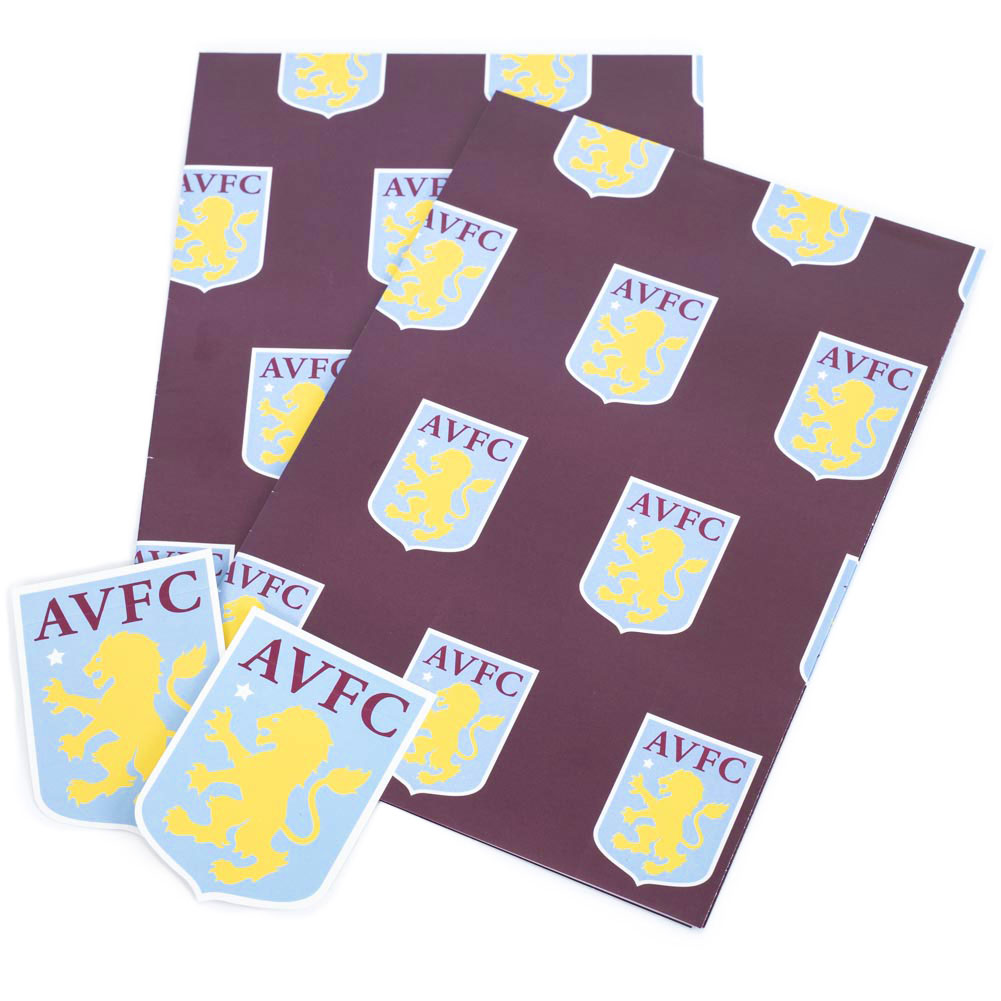 Aston Villa FC gift wrap with multiple Aston Villa crests on claret and two sky blue crest gift tags