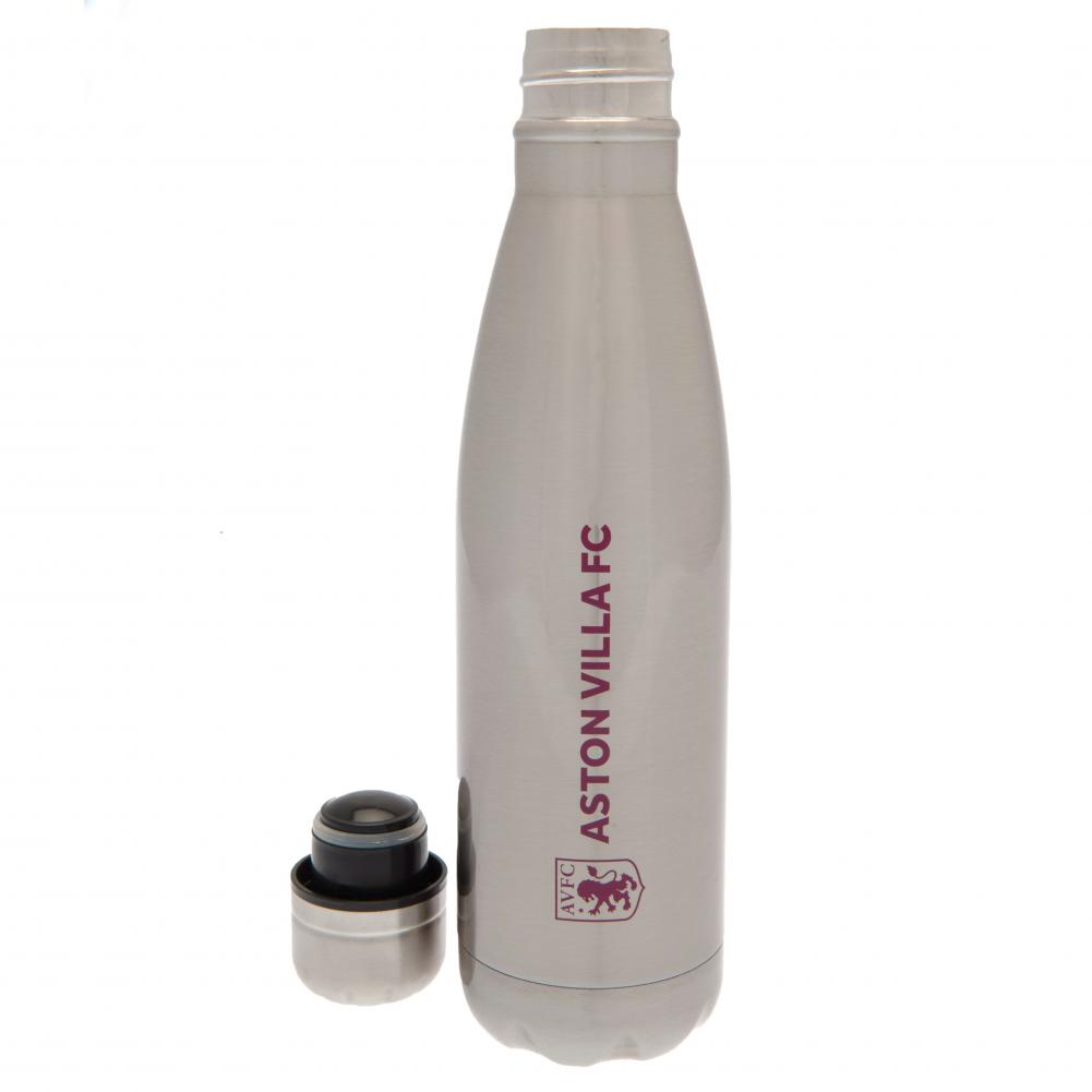 Silver metallic Aston Villa FC stainless steel thermal flask with a claret crest and Aston Villa text