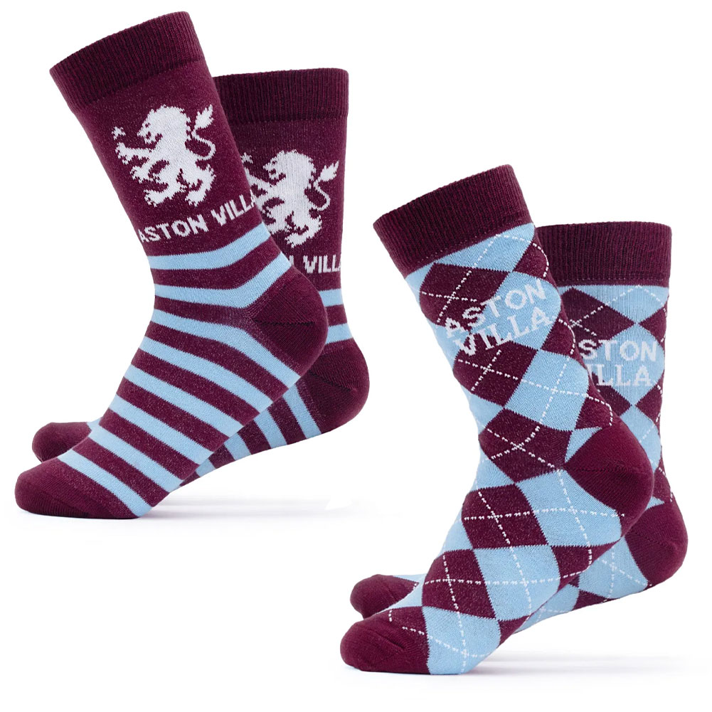 Aston Villa FC twin pack of dress socks with the Villa crest and vibrant club colour patterns