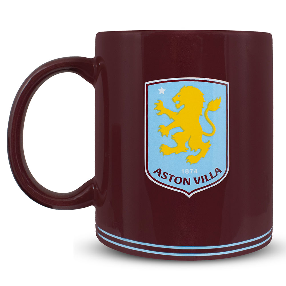 Aston Villa FC classic design ceramic mug with a full colour Villa crest, Up the Villa text and claret handle