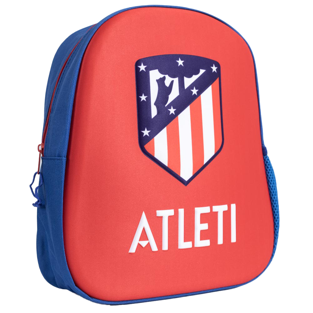Blue and red Atletico Madrid 3D junior backpack with a full colour club crest on the front